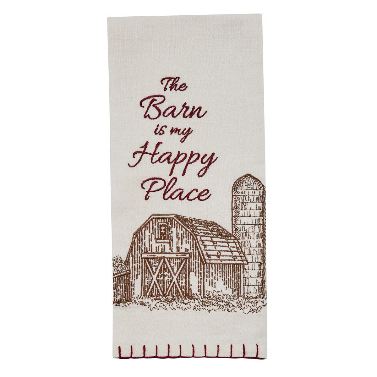Tea towel with a barn design and text on a white background