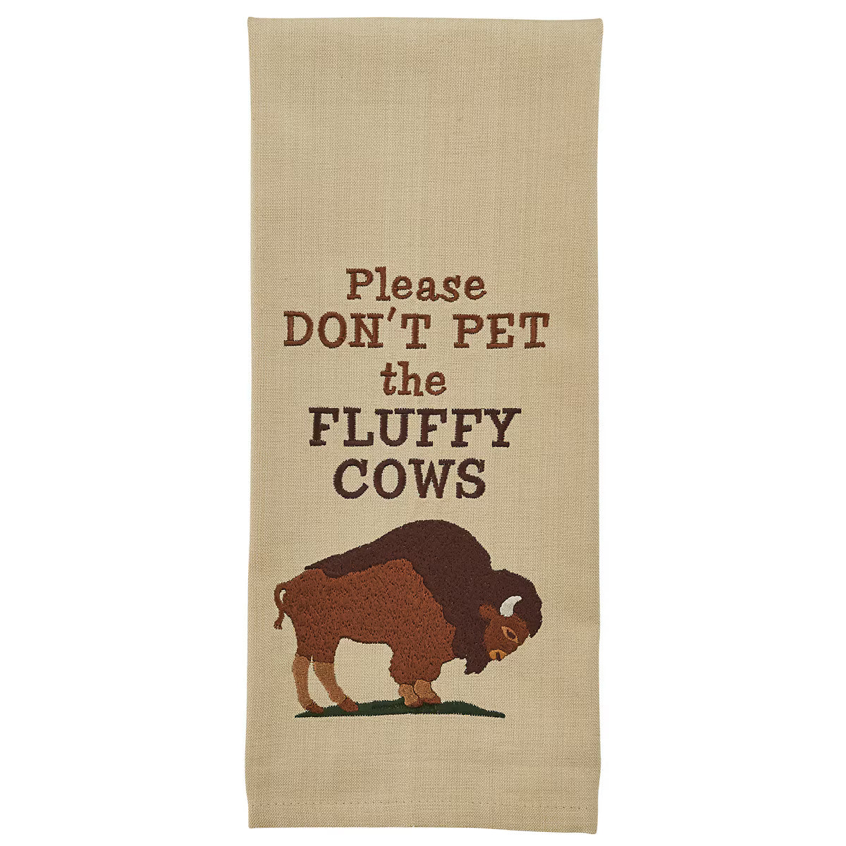 Beige towel with bison illustration and text 'Please DON'T PET the FLUFFY COWS' on a white background