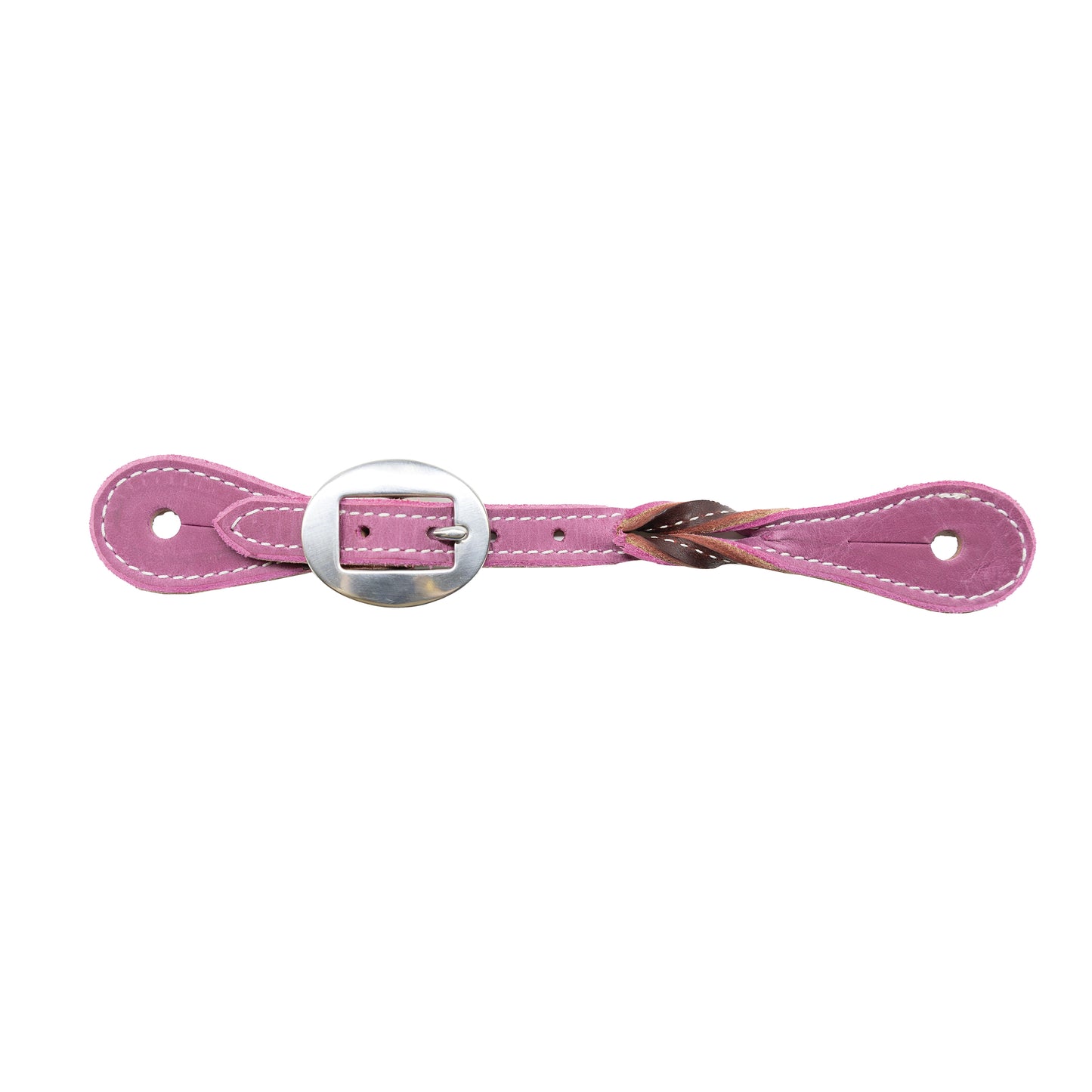 a pink and brown leather spur strap on white background