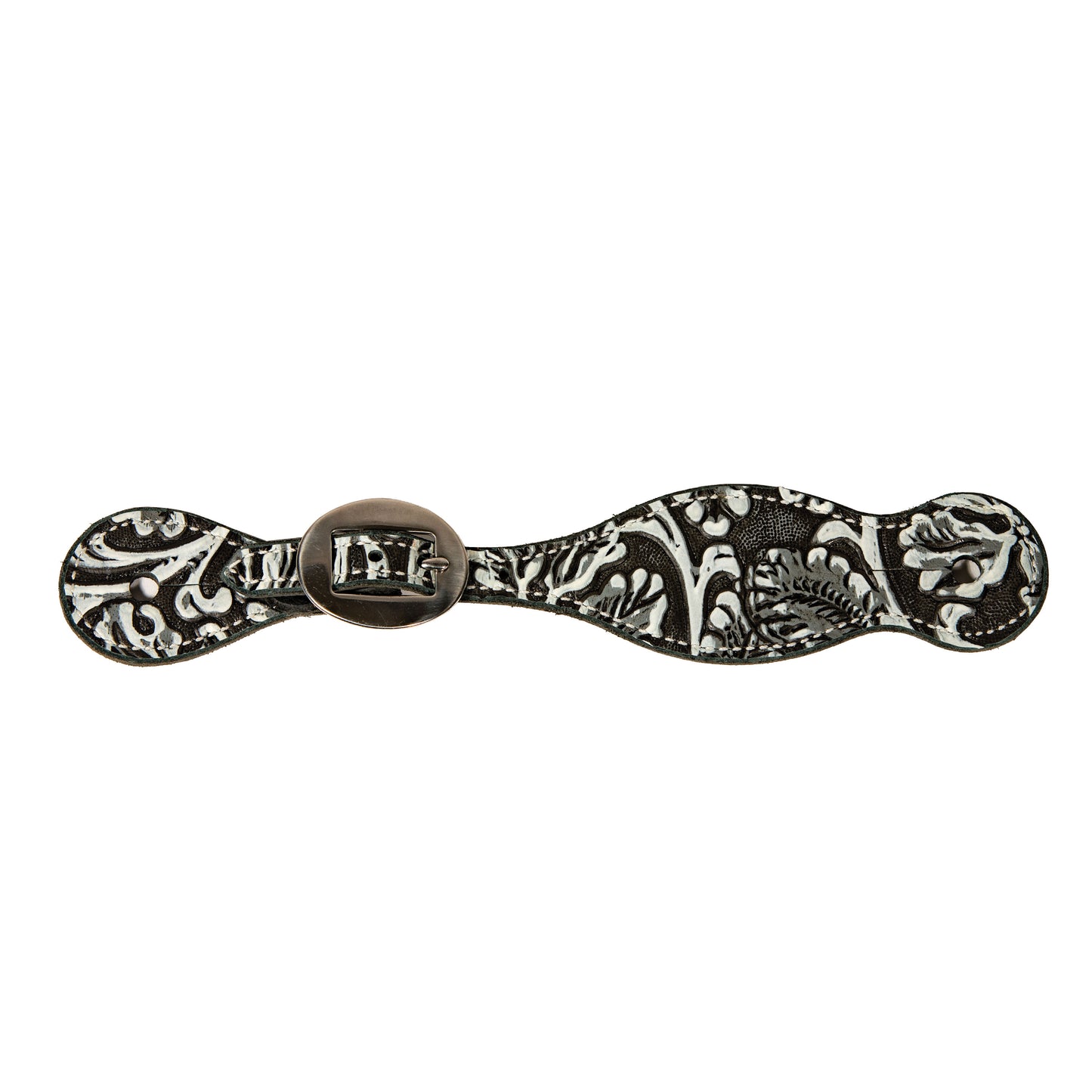 white and black embossed leather spur straps on a white background