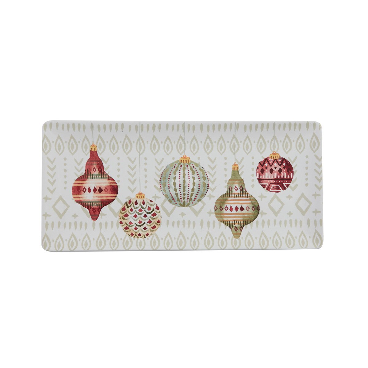 A rectangular decorative tray from Park Designs with a festive holiday pattern, featuring five Christmas ornaments in red, green, and gold tones on a light beige background with a subtle geometric border.