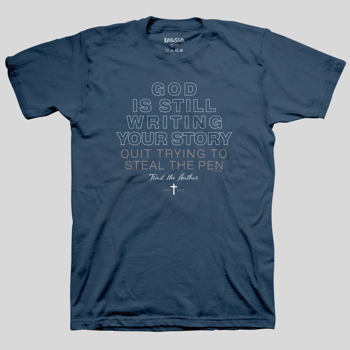 Gray t-shirt from Kerusso with a cross and text design on a white background