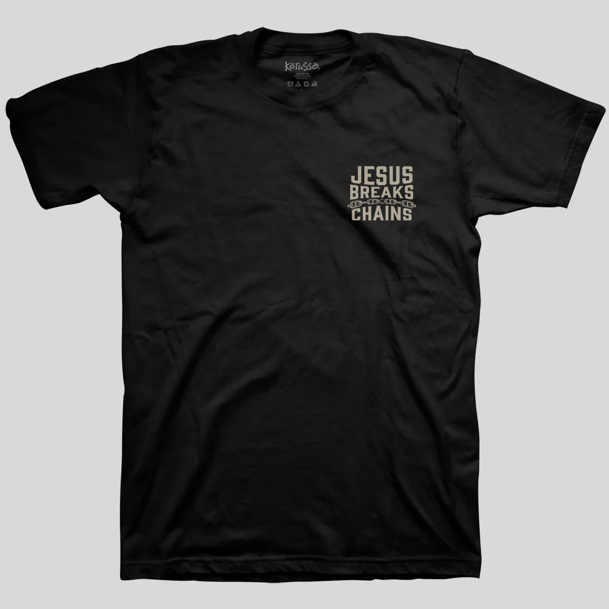 Black t-shirt from Kerusso with 'Jesus Breaks Chains' text on a gray background