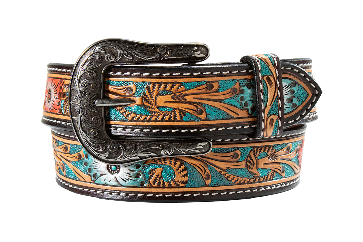 Decorative Angel Ranch belt with intricate patterns on a white background