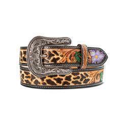 Ariat Belt with leopard print strap and ornate silver buckle on a white background