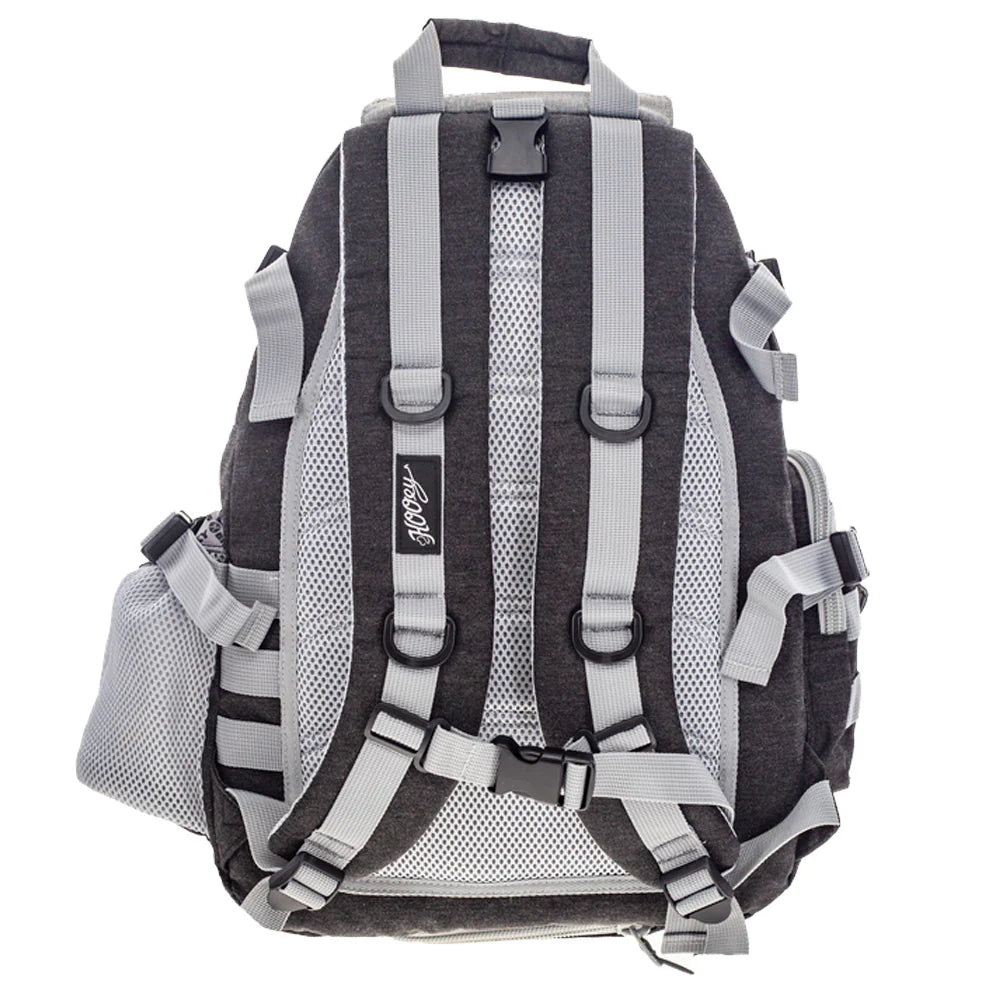 Black and gray backpack with visible Hooey brand logo on a white background