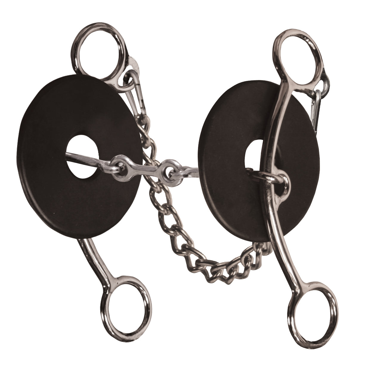 A metal horse bit with black rubber cheekpieces connected by a short chain, shown on a plain white background.