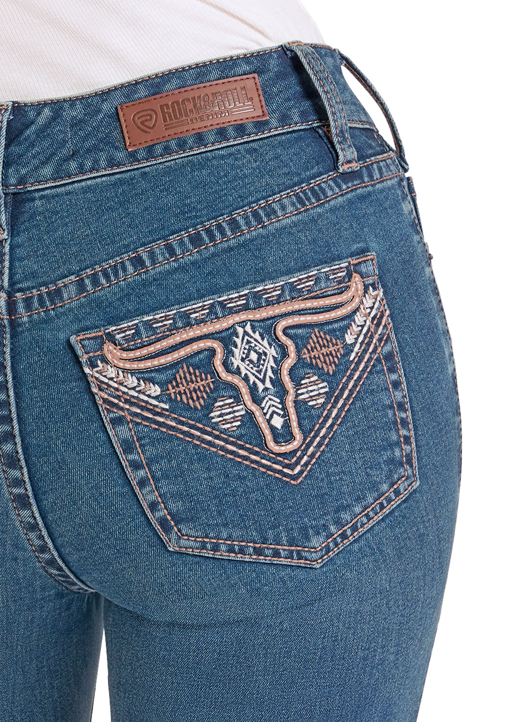 Close-up of Rock&Roll Denim blue jeans with a decorative pocket and brand logo on a white background