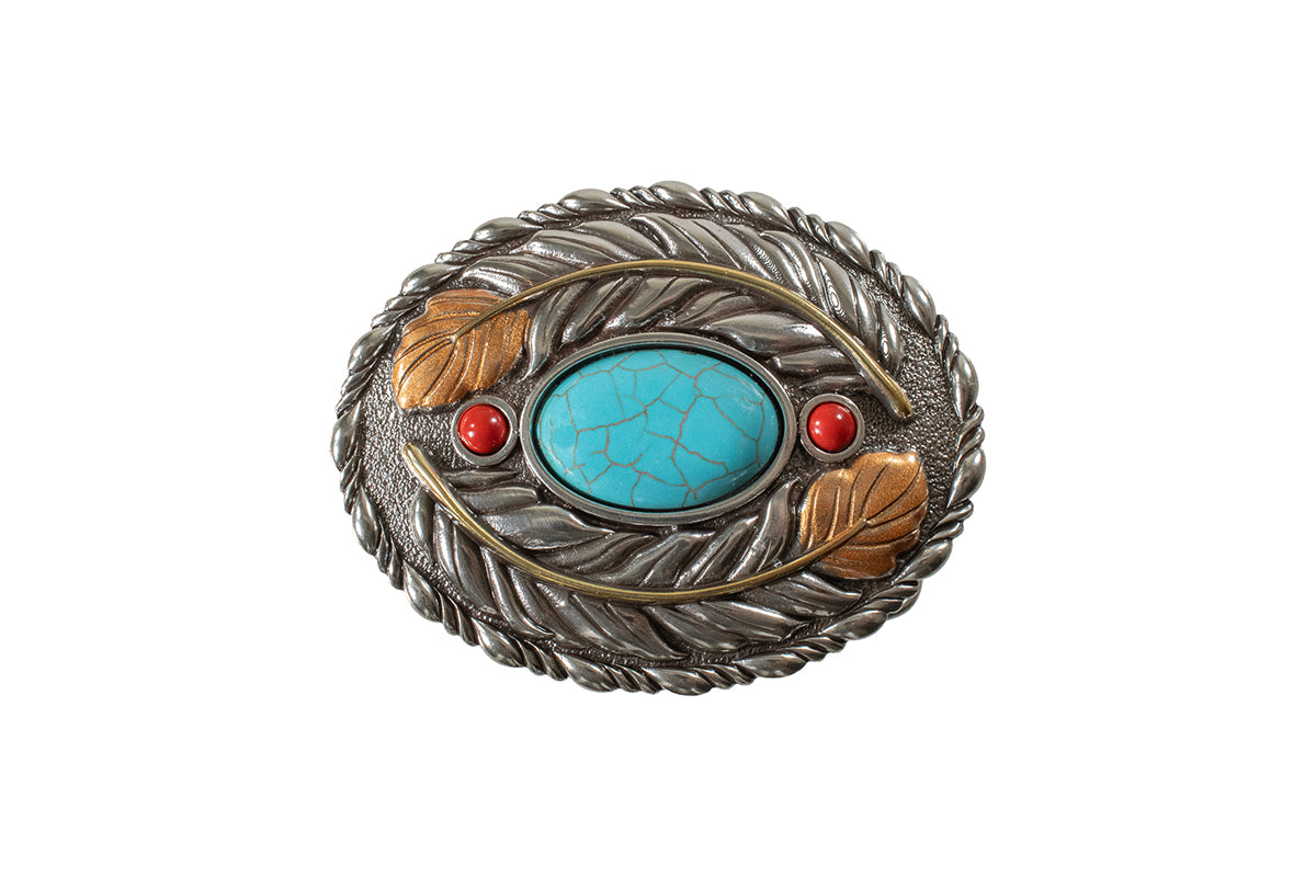 Decorative Blazin Roxx belt buckle with turquoise stone, red stones, and leaf designs on a white background