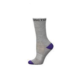 Gray Boot Doctor sock with purple accents on a white background