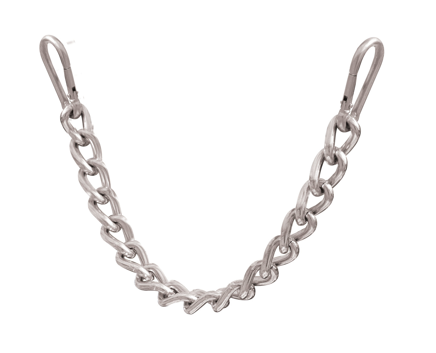a silver metal chain with clips on either end on a white background