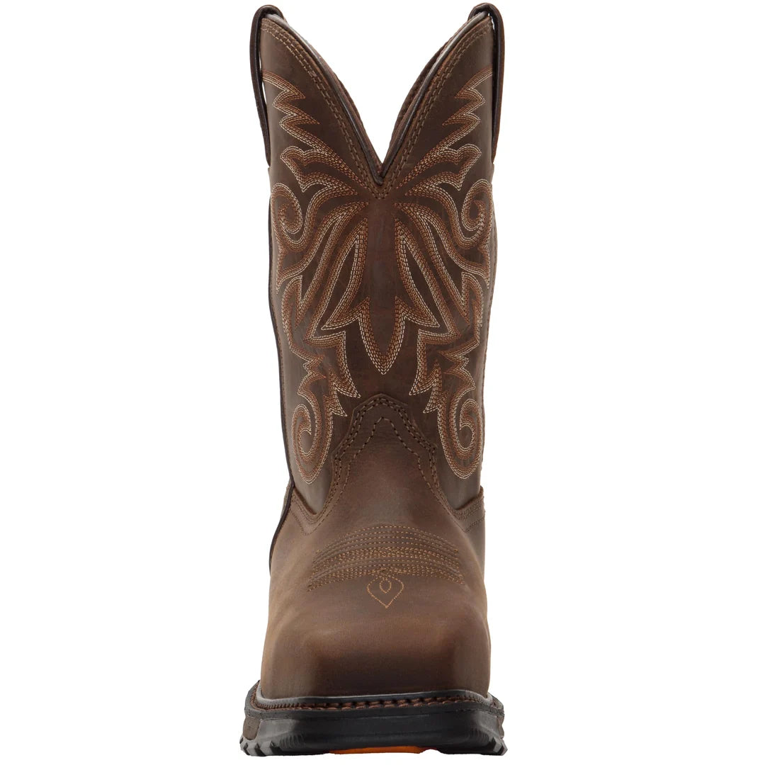 Brown Durango cowboy boot with intricate design on a white background