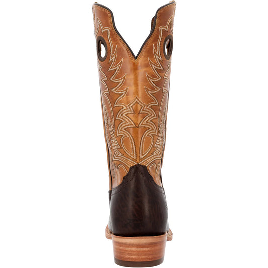 Brown cowboy boot with intricate design on a white background
