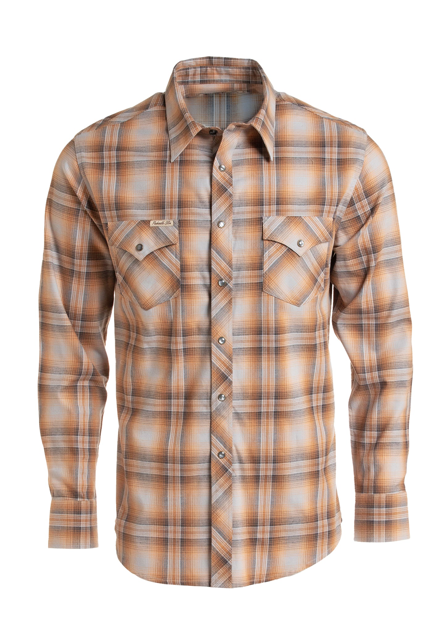 A long-sleeve button-up plaid shirt by Panhandle Slim in a warm orange, beige, and gray pattern, displayed on a clean white background