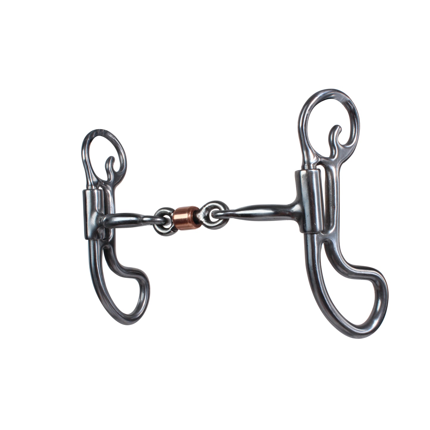 a brushed steel bit for horses with a dogbone and copper roller mouth and a teardrop shank