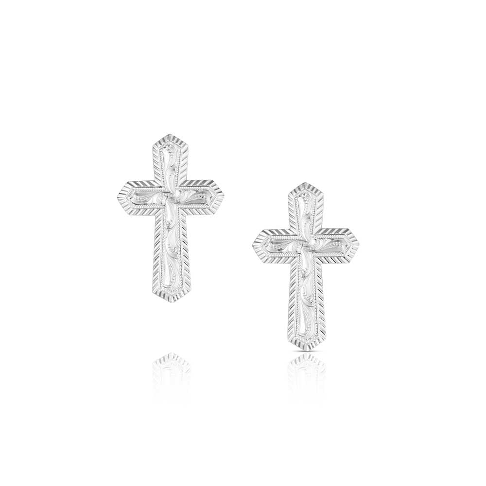 Pair of Montana Silversmiths silver cross earrings on a white background