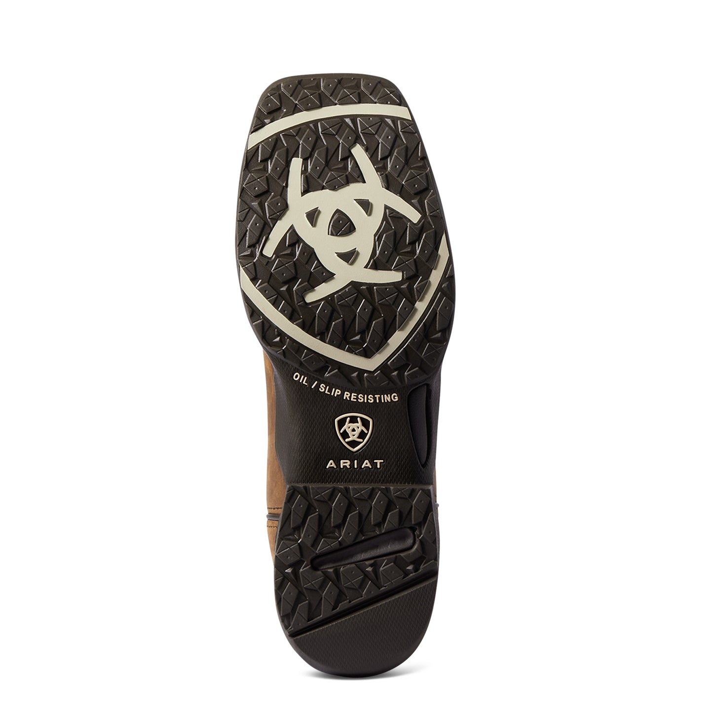 rubber outsole of a cowboy boot with a white ariat logo across the forefoot