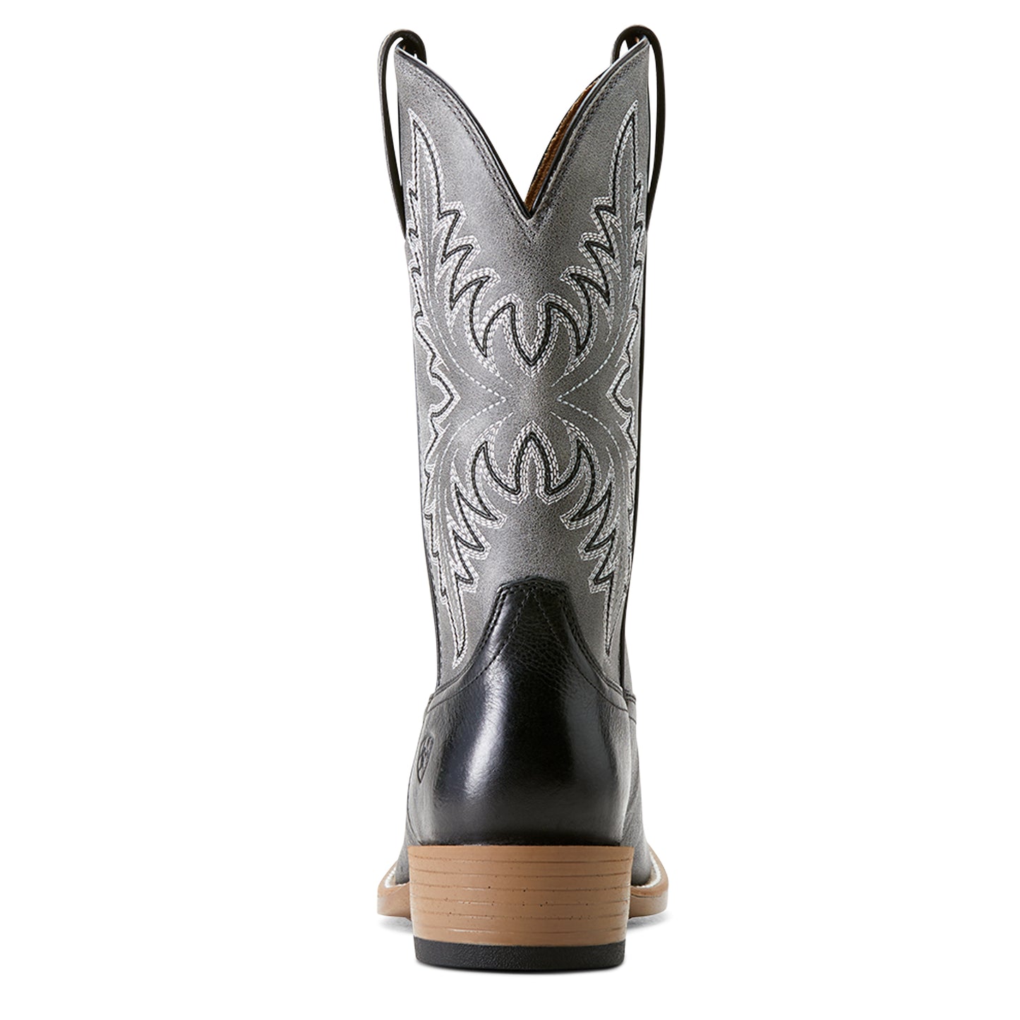 the back of a black and grey cowboy boot