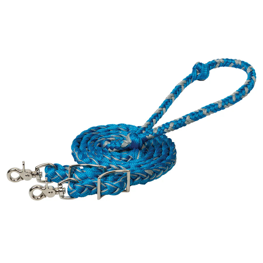 light blue & grey braided poly barrel reins with trigger snaps on a white background