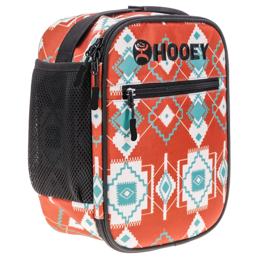 Backpack with geometric pattern and 'Hooey' branding on a white background