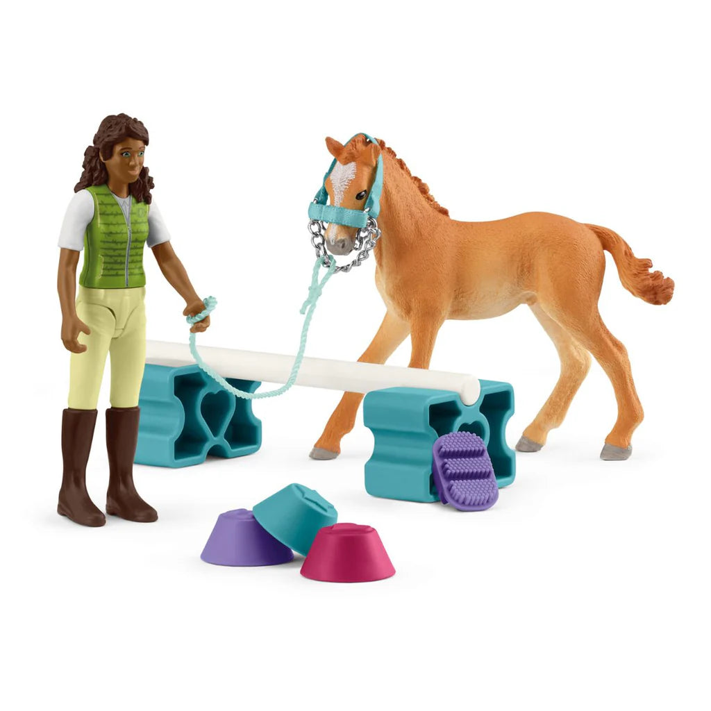 Schleich toy figure of a person with a horse and equestrian accessories on a white background