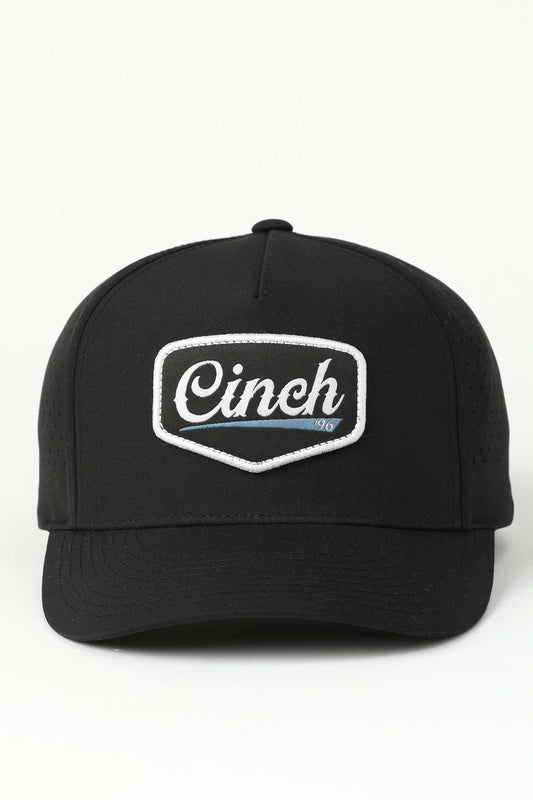 Black cap with 'Cinch' logo on a white background