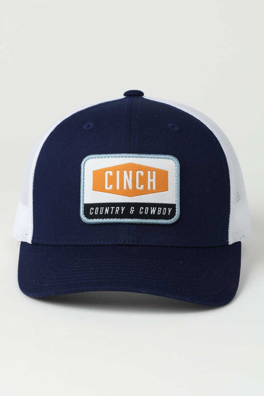 Navy blue and white cap with Cinch logo on a light gray background