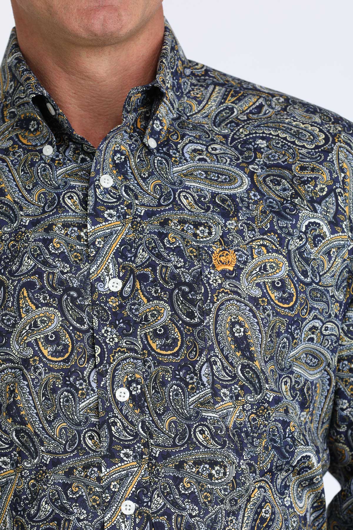 Close-up of a paisley cinch shirt with a focus on the collar and buttons.