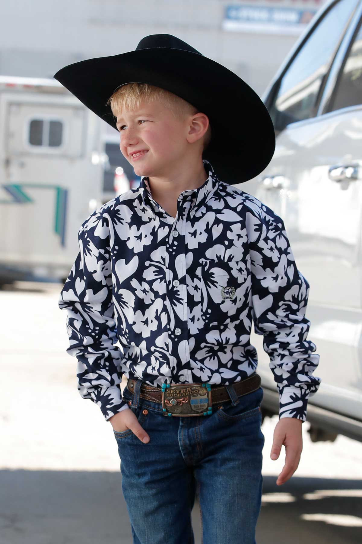 *MATCH DAD* Navy Hawaiian Boy's Shirt by Cinch®