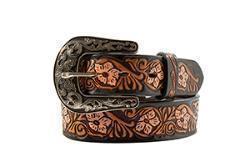Brown leather Nocona belt with pink flower designs on a white background