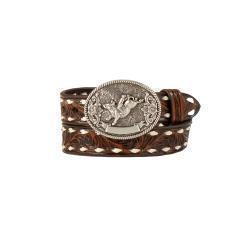 Leather childs belt from Nocona with a bull rider buckle on a white background