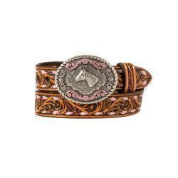 brown leather Nocona belt with a horse head buckle on a white background