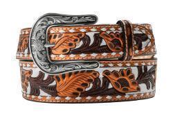 Decorative Nocona belt with intricate patterns and a silver buckle on a white background