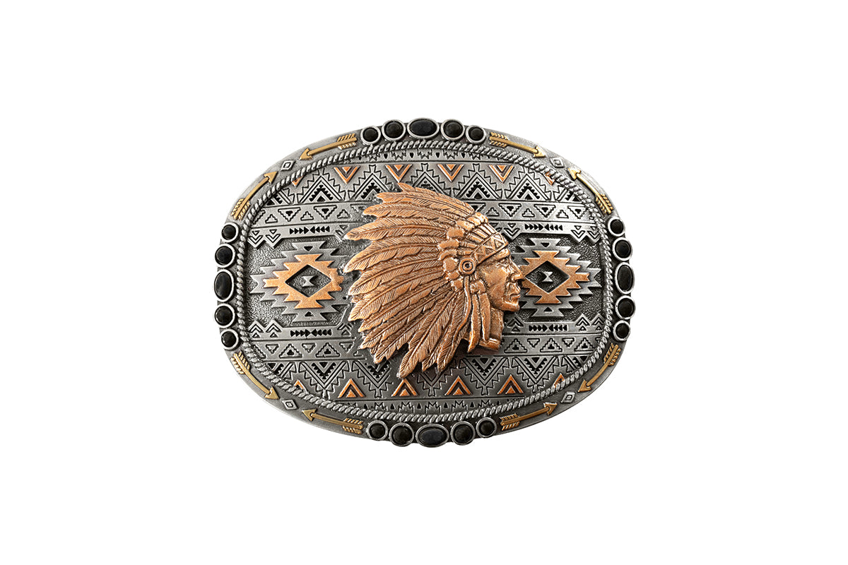 a smooth edge belt buckle with copper, gold and black accents with a native headress in the center