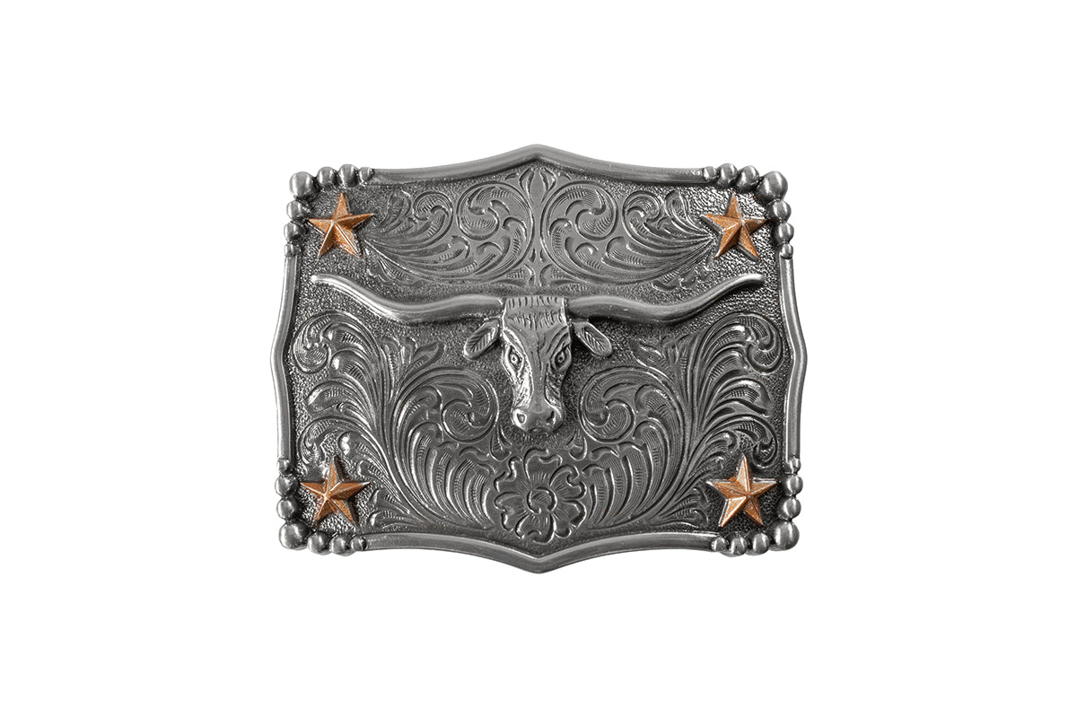 a silver belt buckle with a steerhead and copper stars