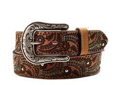 Brown leather Nocona belt with intricate design and silver buckle on a white background