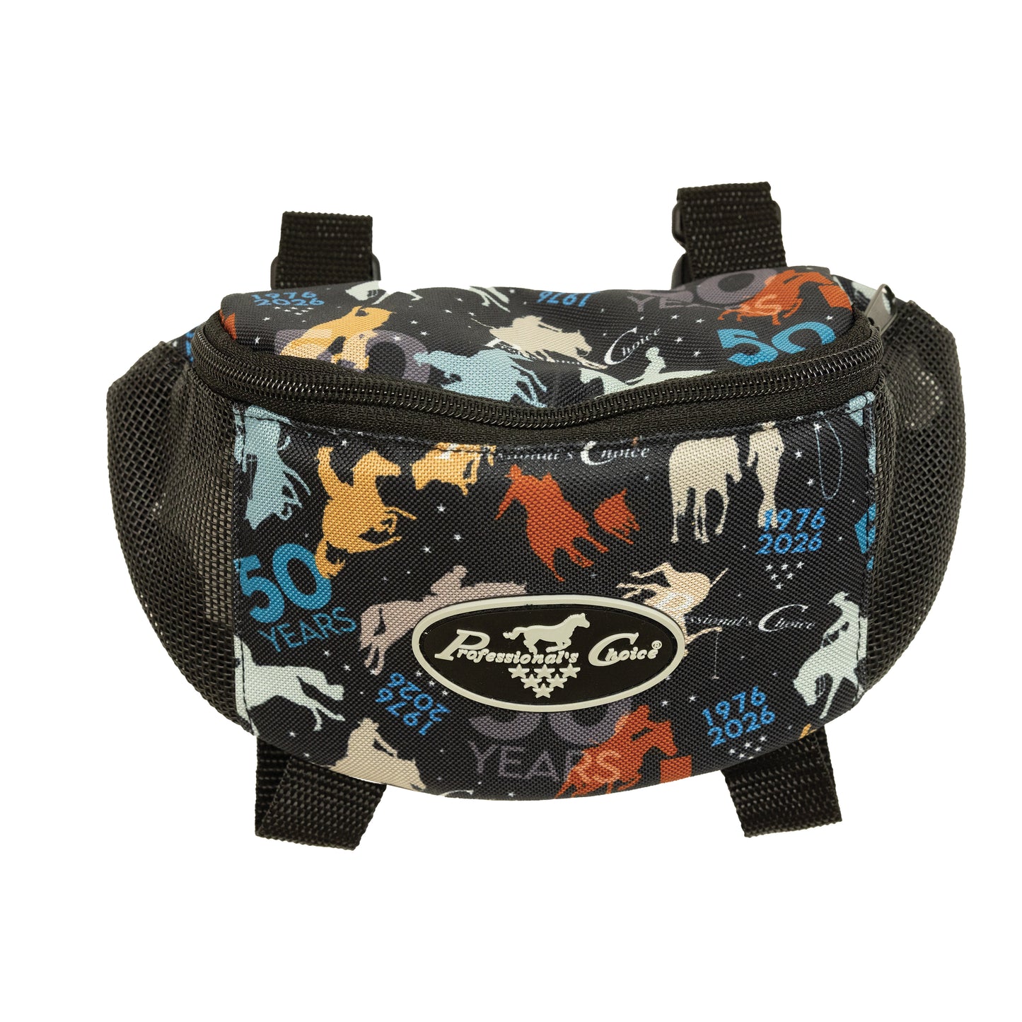 Fanny pack with colorful horse illustrations and text on a black background