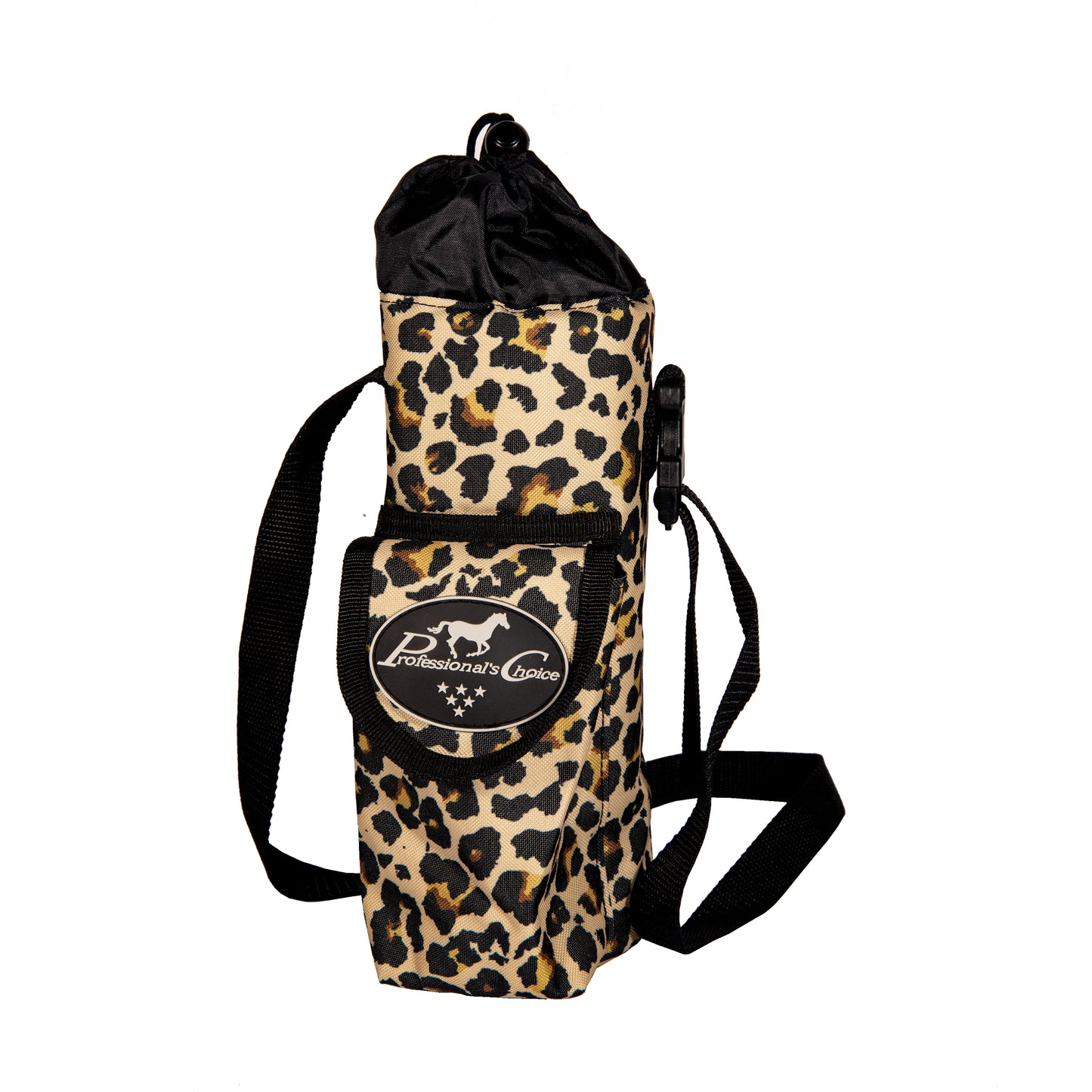 a leopard print water bottle carrier with a strap and a 'professional's choice' logo on a white background