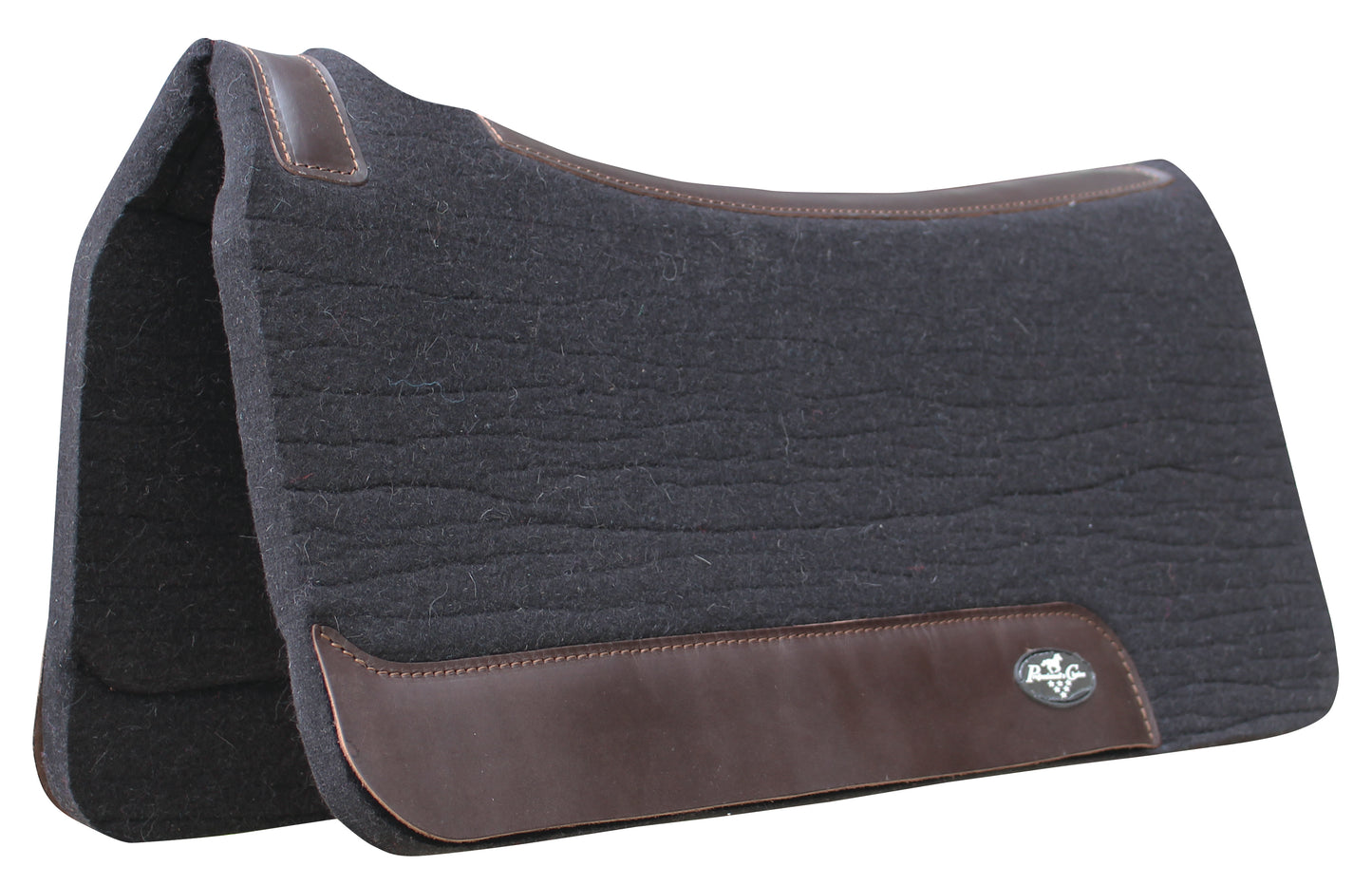 black in color deluxe wool saddle pad with leather wear leathers, contoured for an anatomically correct fit, with a channel down the spine.