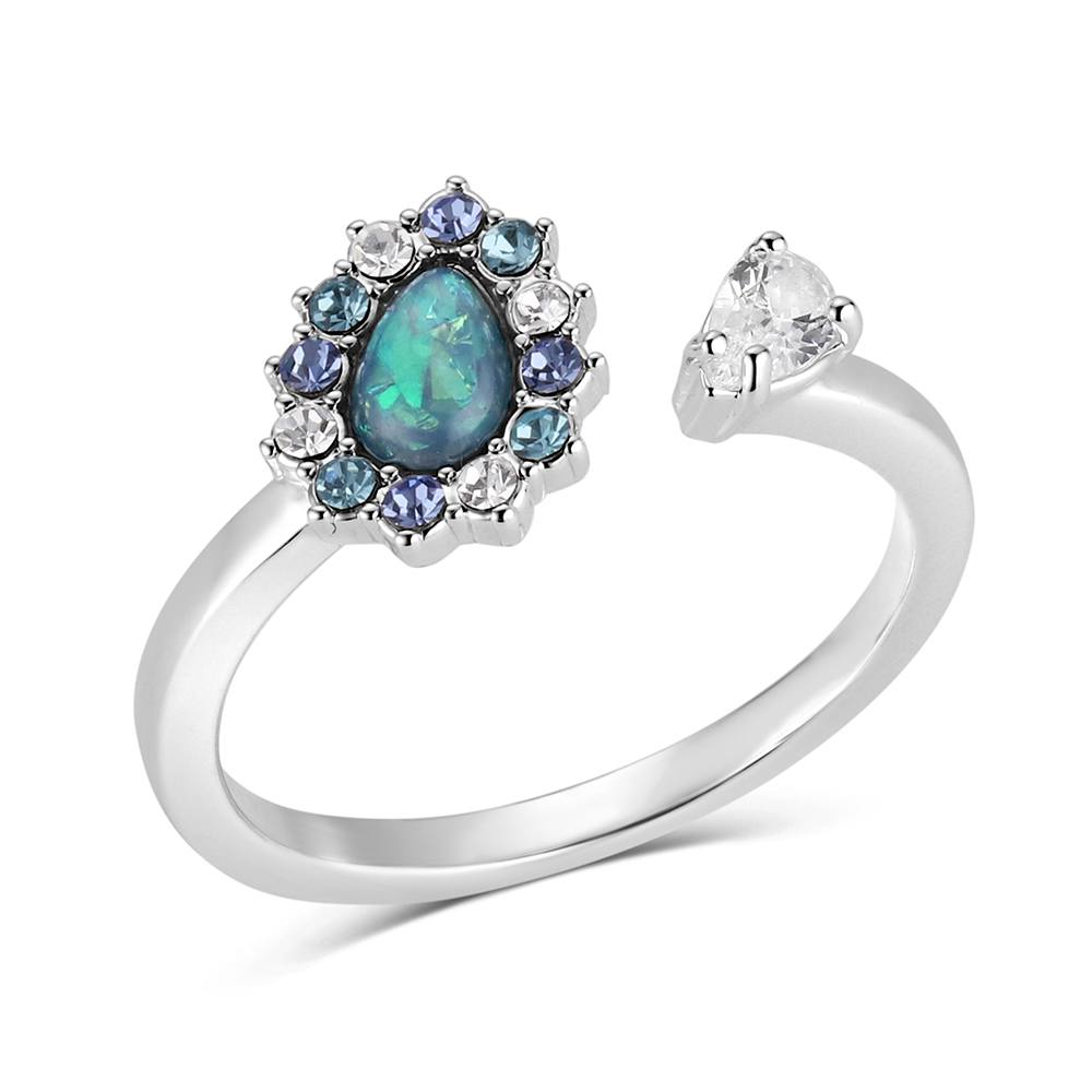 Montana Silversmiths Silver ring with a central green gemstone and smaller blue and white stones on a white background