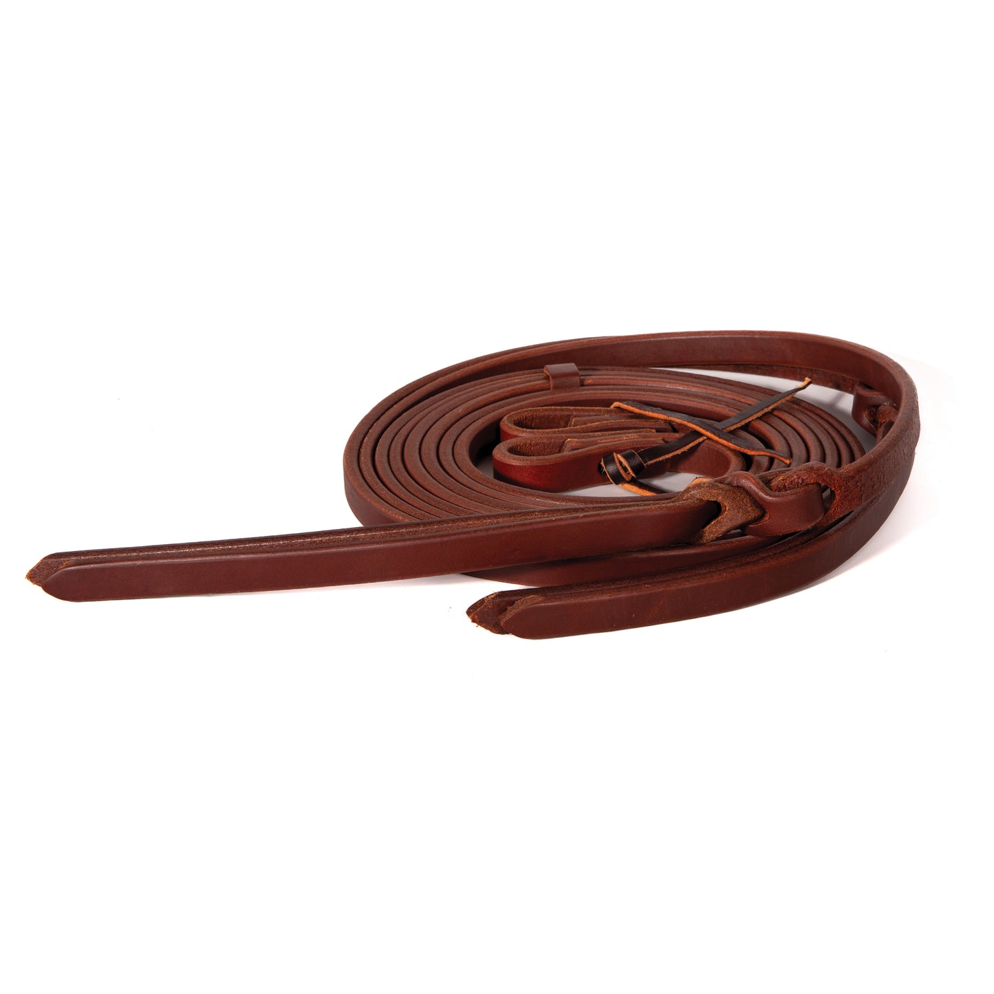 A brown oiled split rein with poppers, designed for horse tack use.
