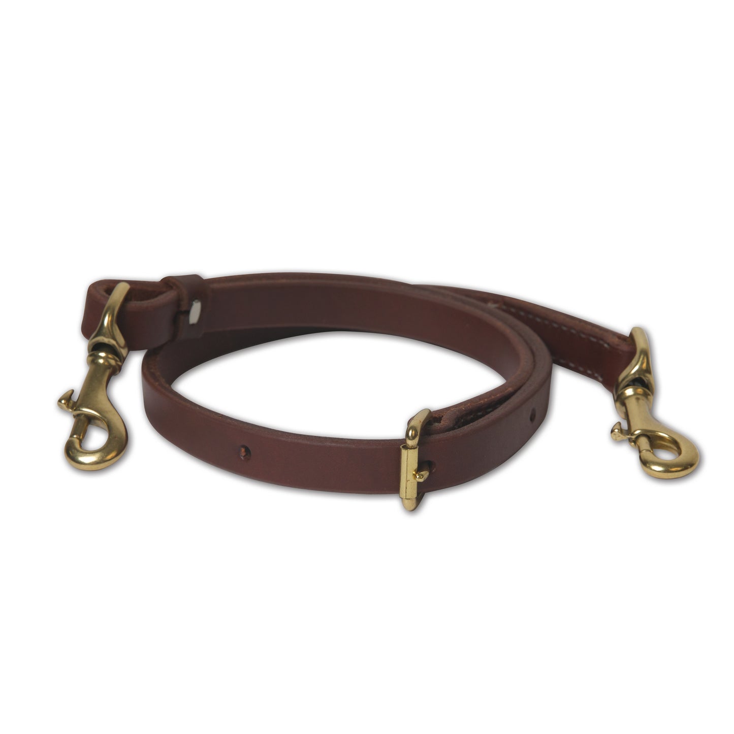 a heavy oiled harness leather strap with a brass buckle and two brass snaps