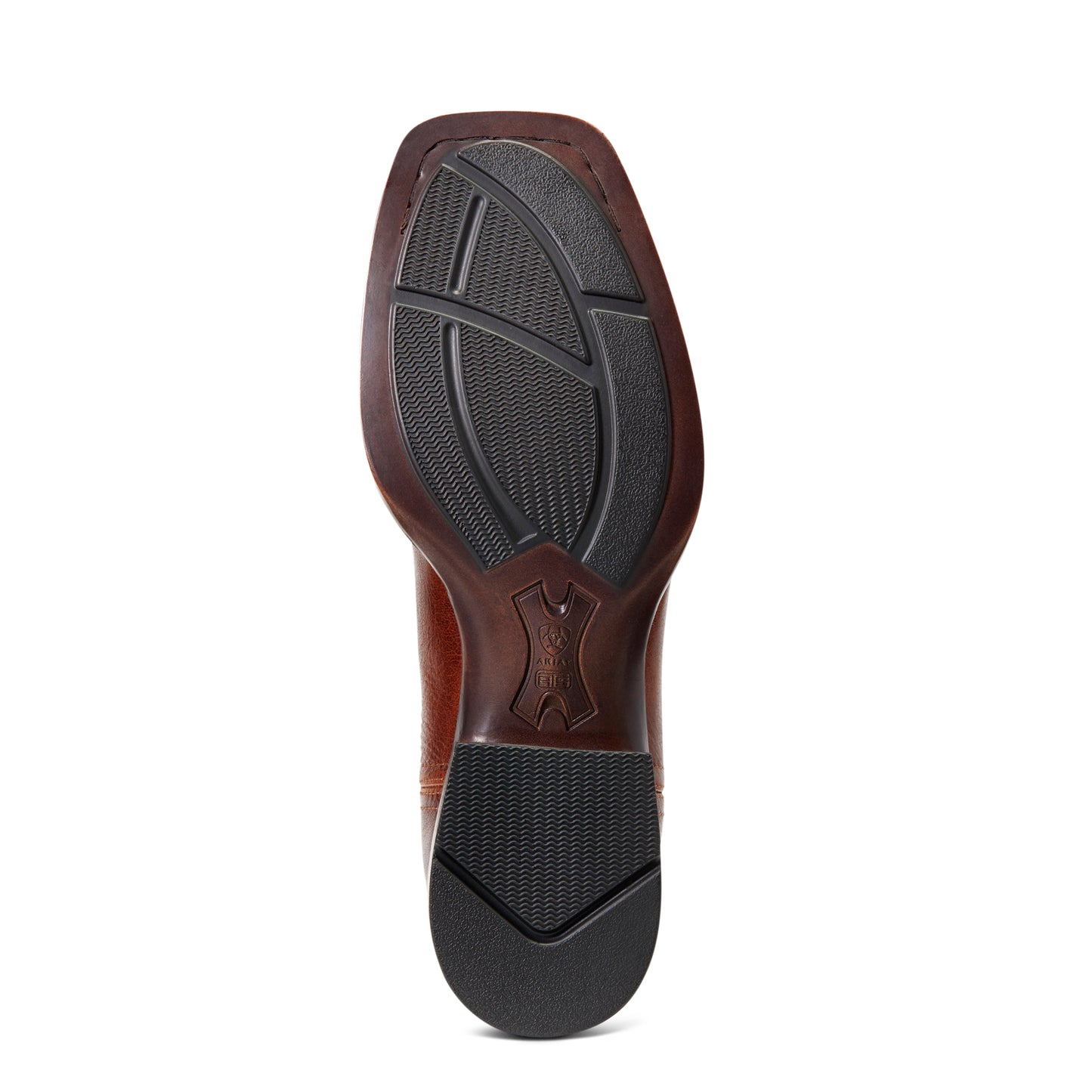 Close-up of a brown shoe sole with black tread pattern on a white background