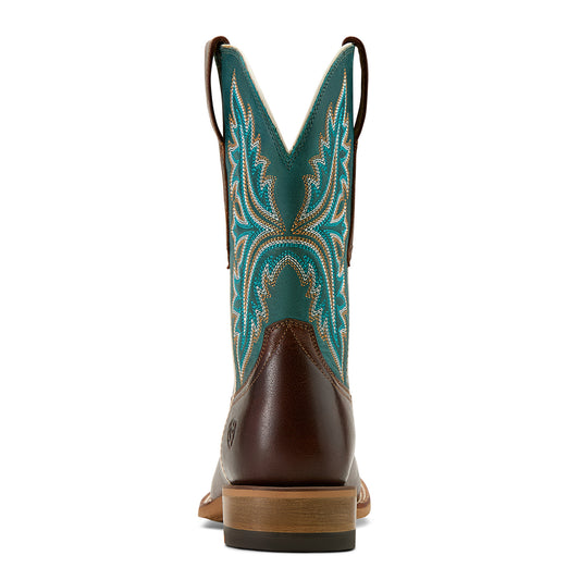 Teal and brown cowboy boot with intricate pattern on a white background