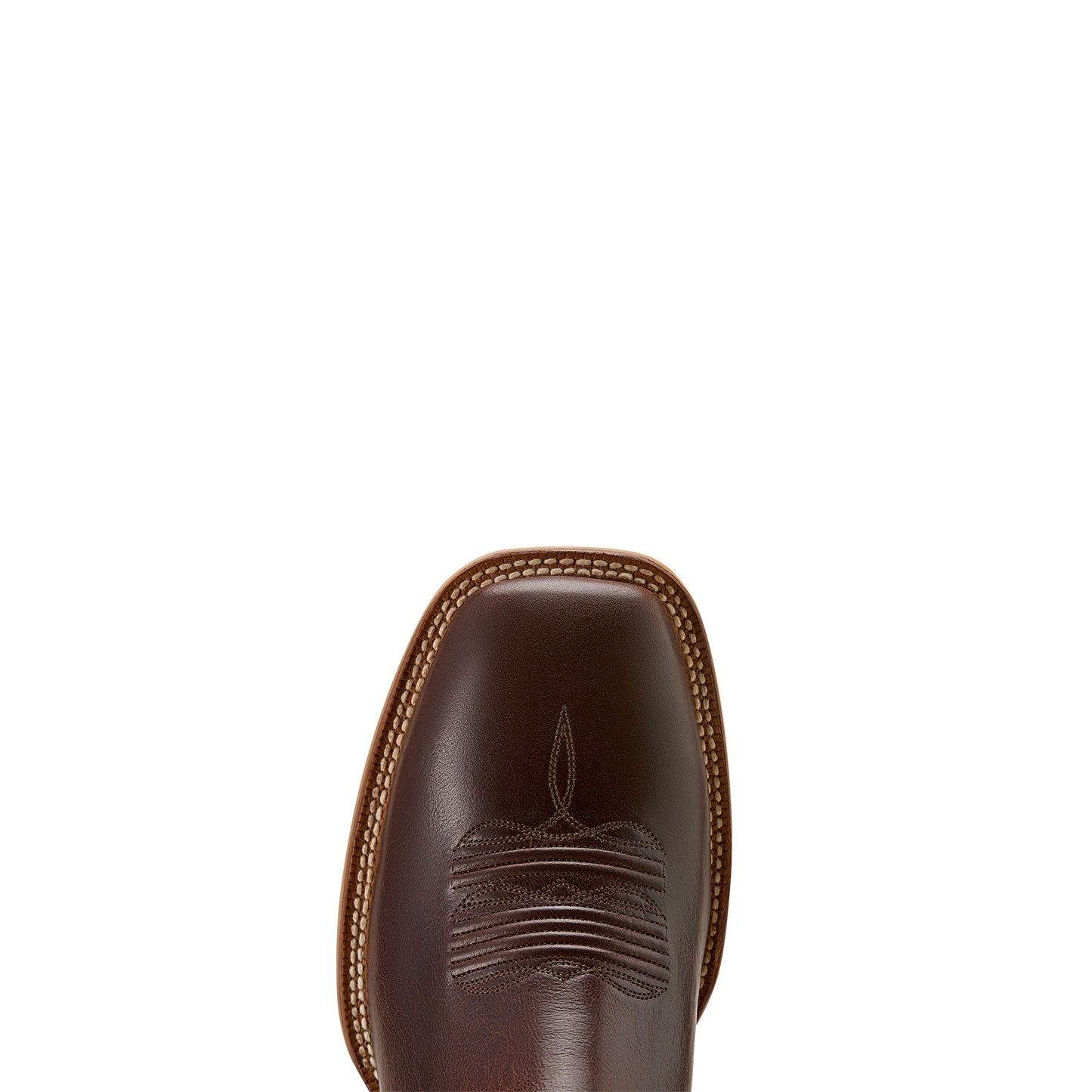 Brown leather boot toe with detailed stitching on a white background