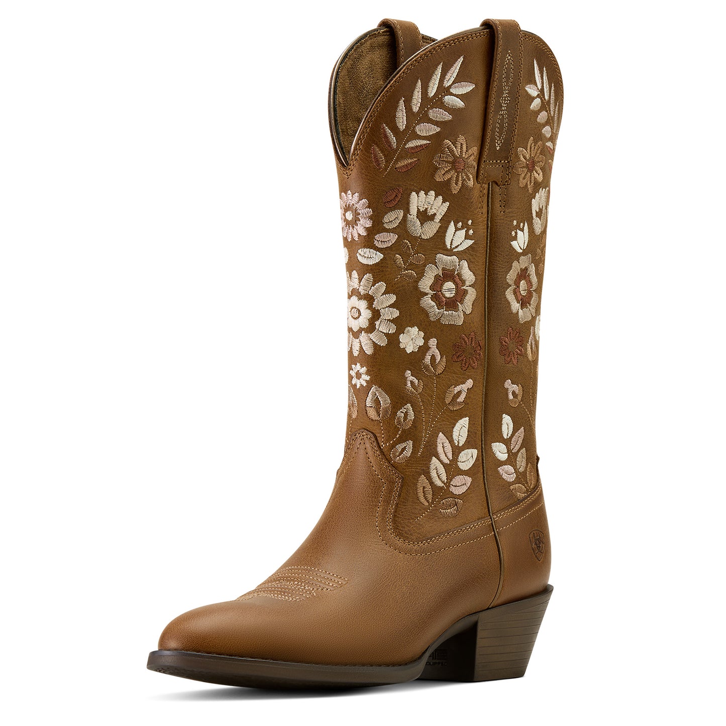 Brown Ariat cowboy boot with floral design on white background
