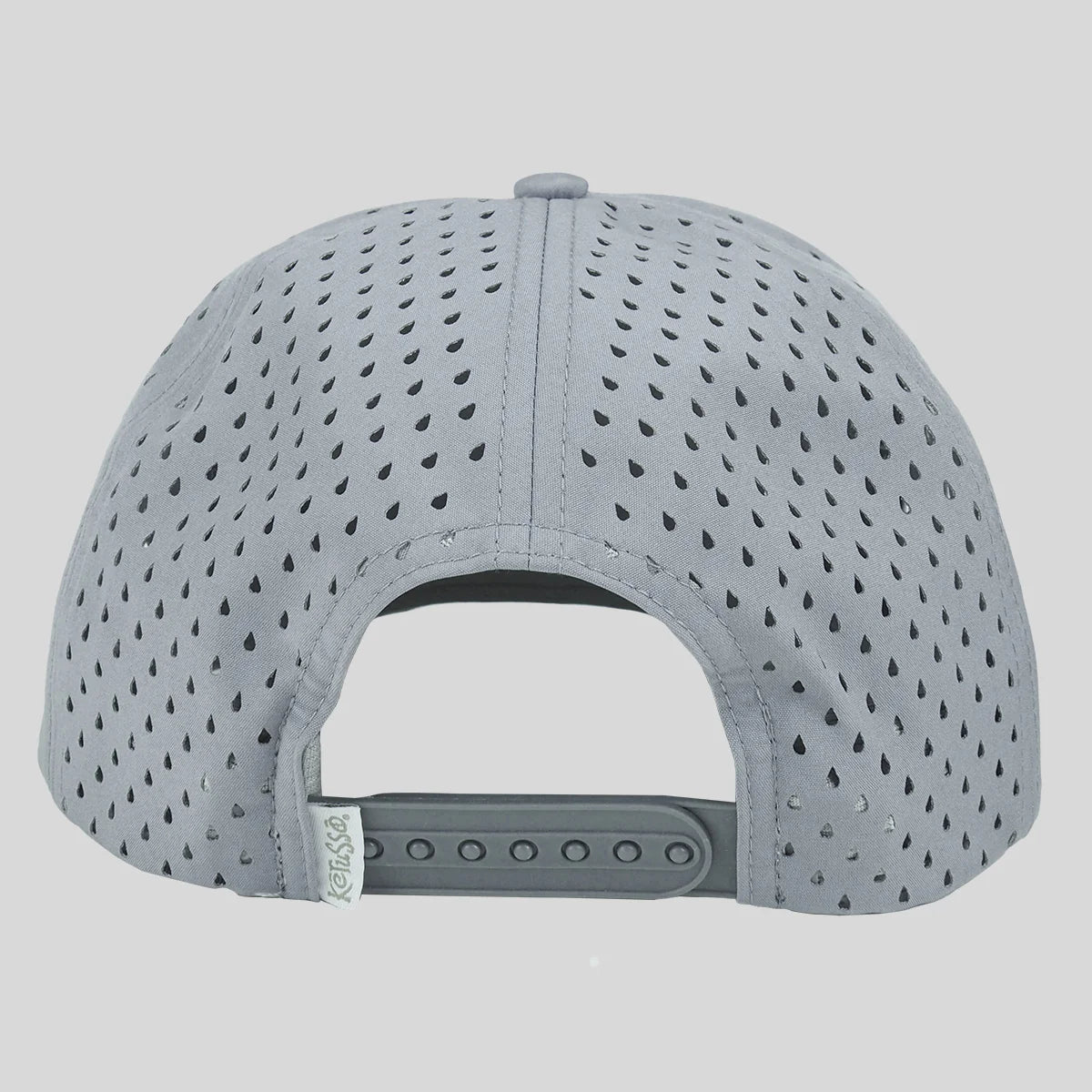 The back view of a light gray baseball cap from Kerusso featuring a perforated fabric crown and an adjustable gray snapback closure.