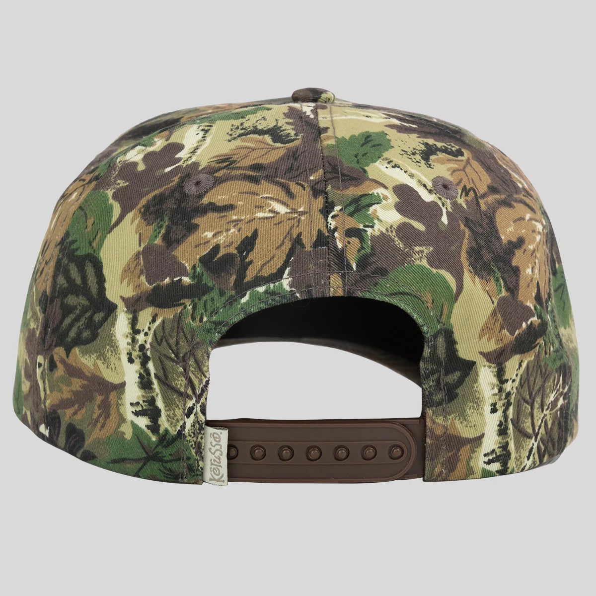 snapback cap from Kerusso in a brown and green leaf camouflage pattern, shown from the back against a light gray background.