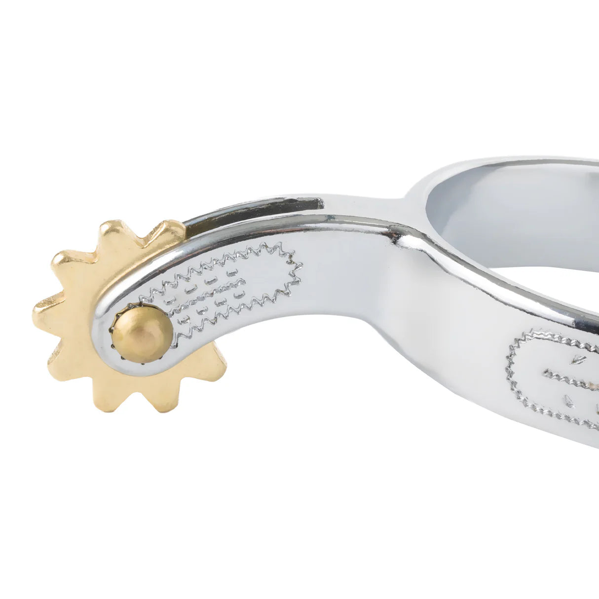 Close-up of a silver and gold spur rowel and shank on a white background