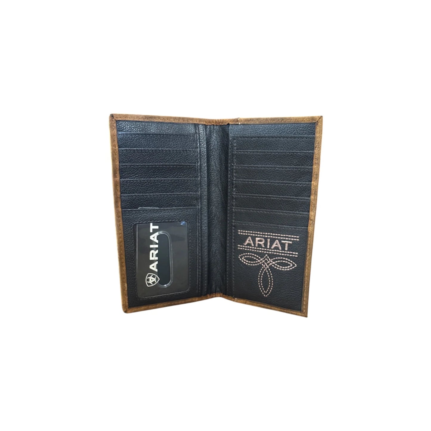 Open leather wallet with Ariat branding on a white background